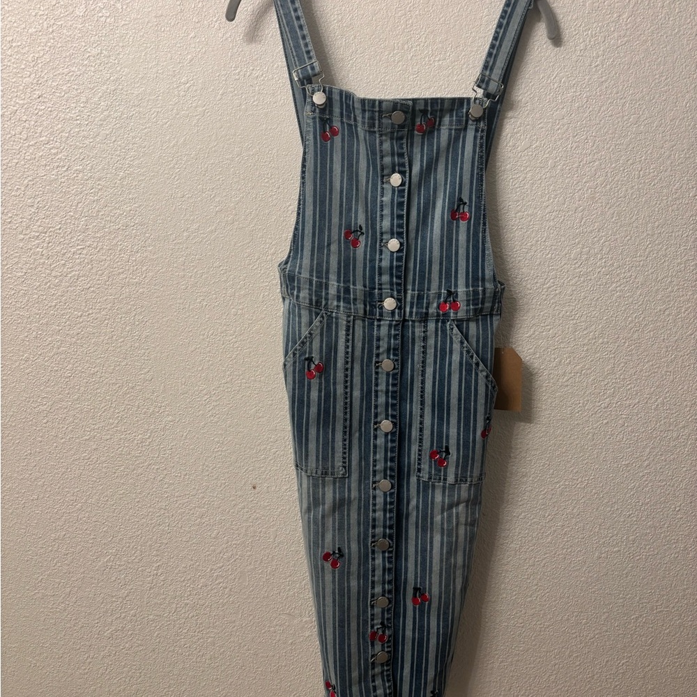 Striped Denim Overall Dress with Cherry Embroidery
